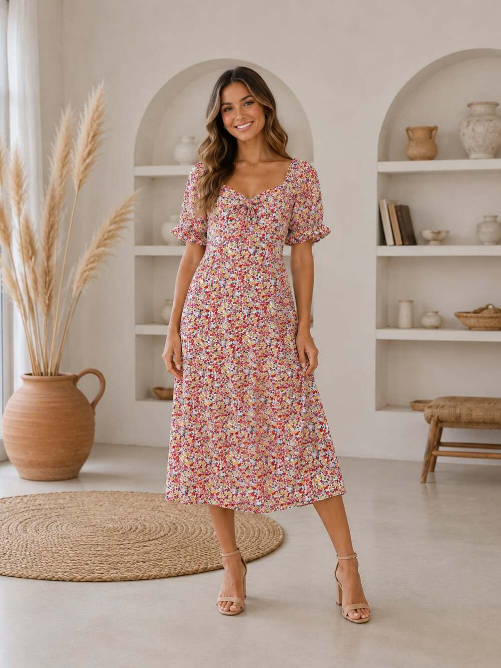 LUSH Floral Print Smocked Puff Sleeve Midi Dress Size L